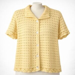 100% Cotton Yellow Crochet Knit Short Sleeve Button Shirt Women M Preppy Spring